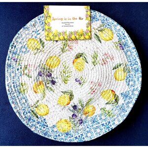 4 pc LEMONS Braided Placemat Set 15” Rnd Blue Edge Yellow Plum Flowers Easy Care